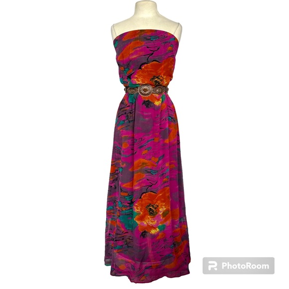 RUNAWAY PONY AUSTRALIA 100% SILK COLORFUL FLORAL STRAPLESS SHEATH MAXI DRESS SzS - Picture 2 of 12
